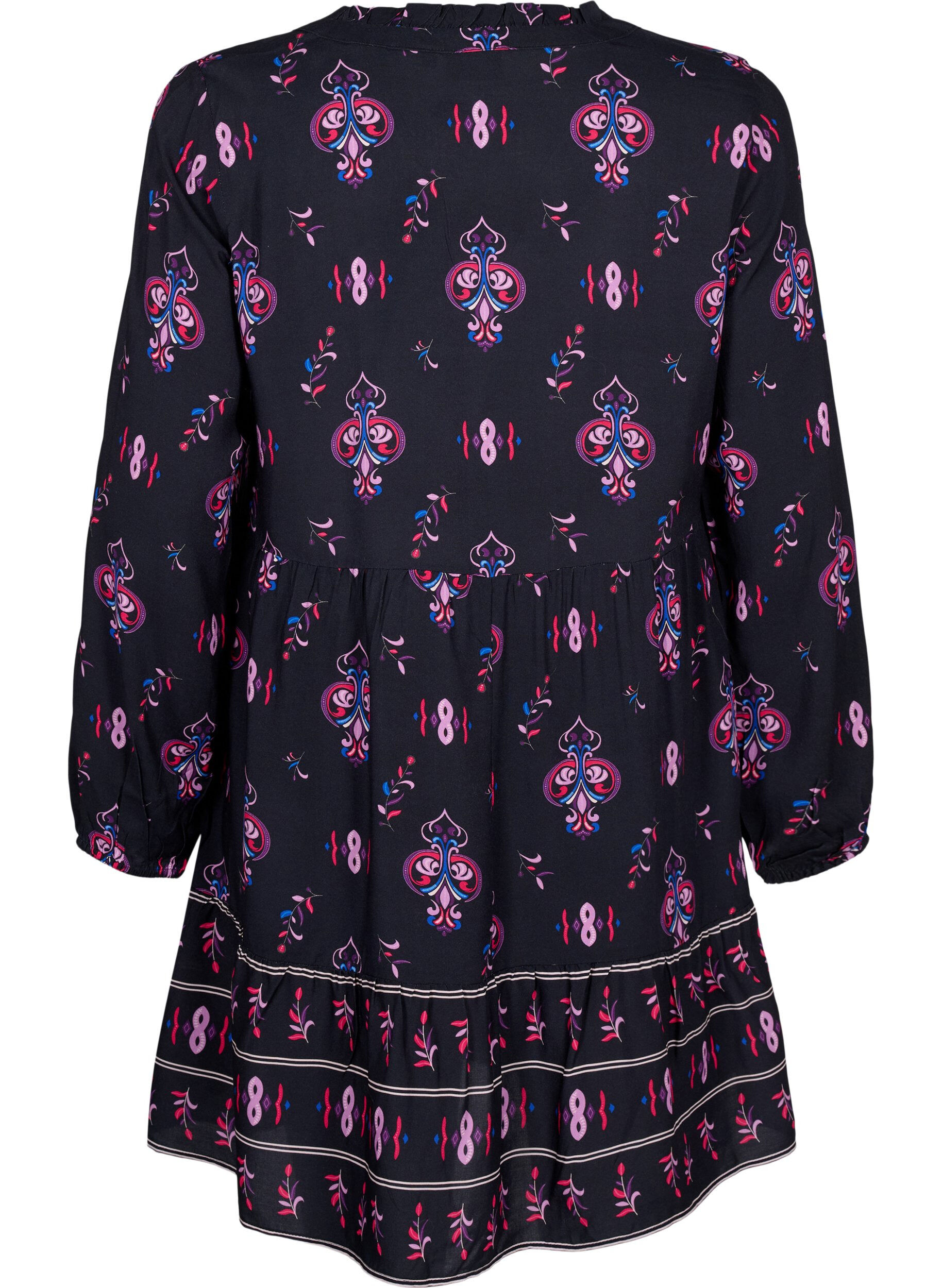ZizziViskosekjole med lange ermer og trykk, Black Pink AOP, Packshot image number 1