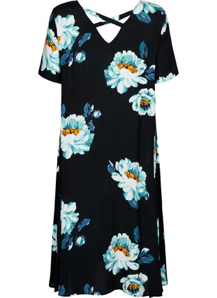 Blomstret kjole med korte ermer i viskose, Black Big Flower, Packshot image number 1