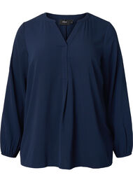Ensfarget bluse med V-hals, Navy Blazer