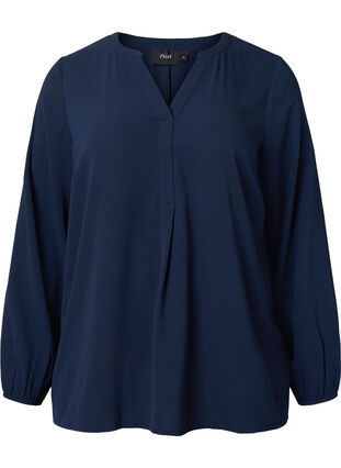 Ensfarget bluse med V-hals, Navy Blazer, Packshot image number 0