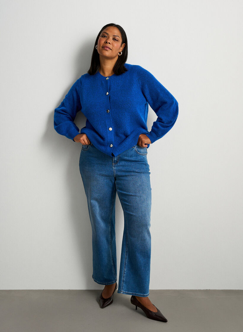 Cardigan i myk strikk med gullfargede knapper, Turkis, Model image number 1