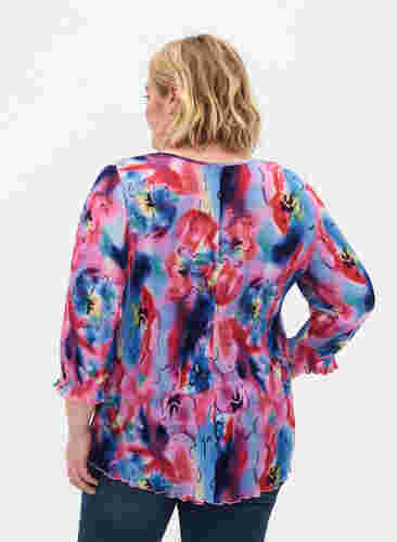 Bluse med plissé og 3/4-ermer, Lavender Space AOP, Model image number 1