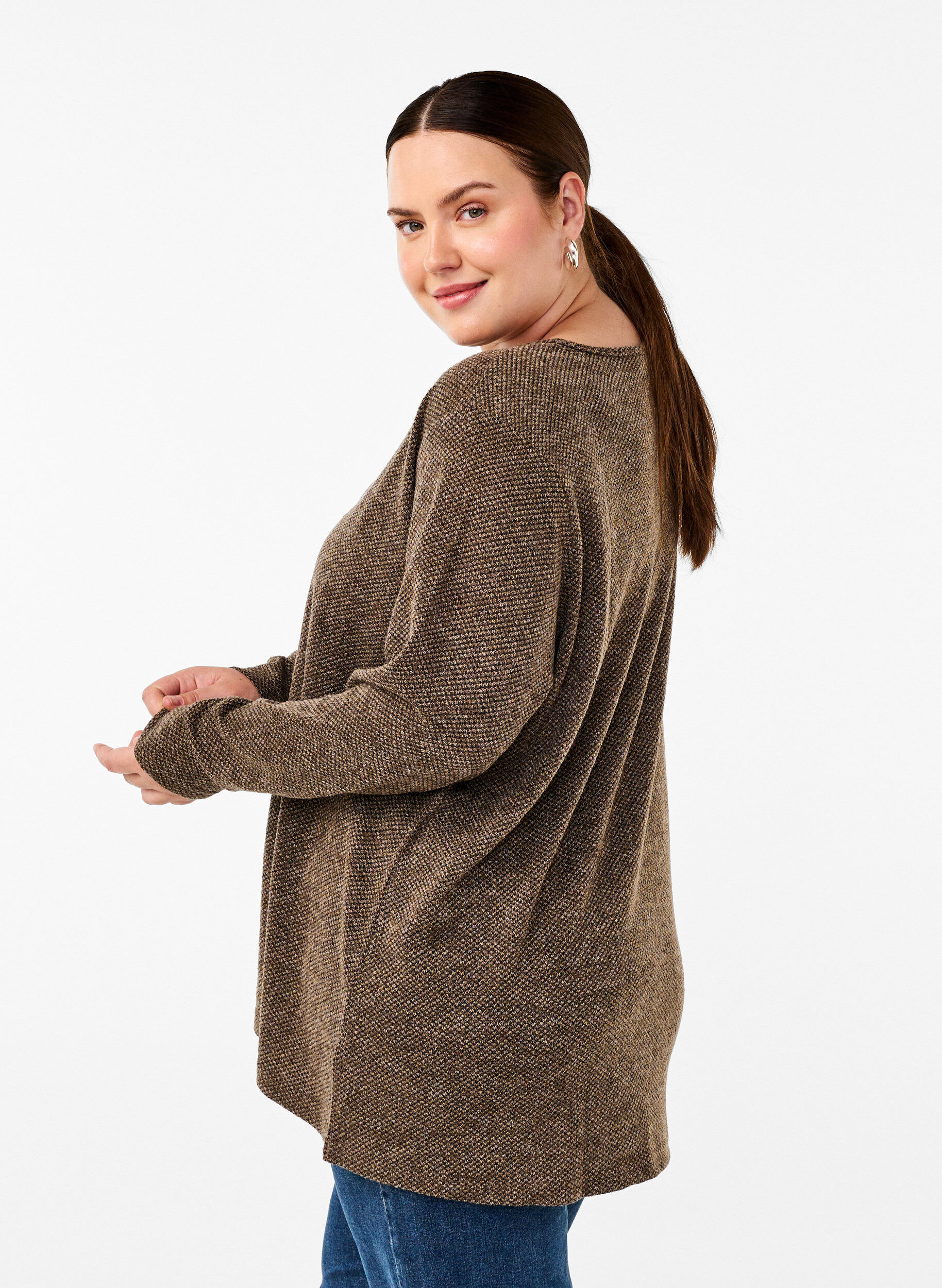Zizzi Melange Bluse med rund hals og lange ermer, Caribou, Model image number 1