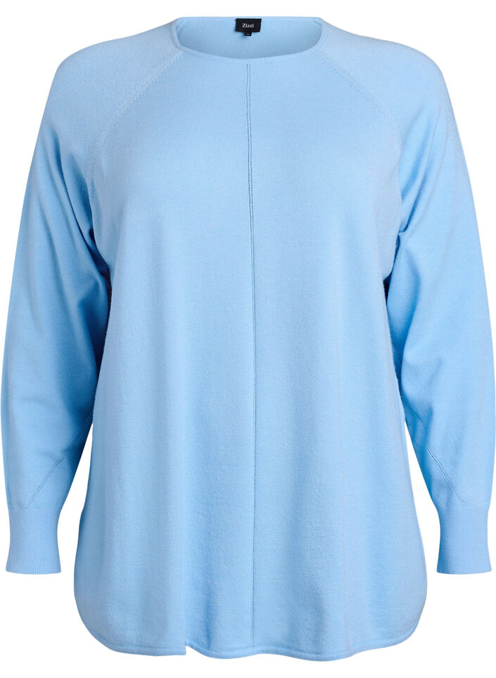 Strikkebluse med rund hals og strikket m&oslash;nster, Bl&aring;, Packshot image number 0