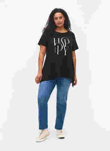 T-skjorte i bomull med tekst, Black HAPPY, Model image number 1