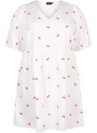 Kjole med kirsebærtrykk og A-lineskåret passform