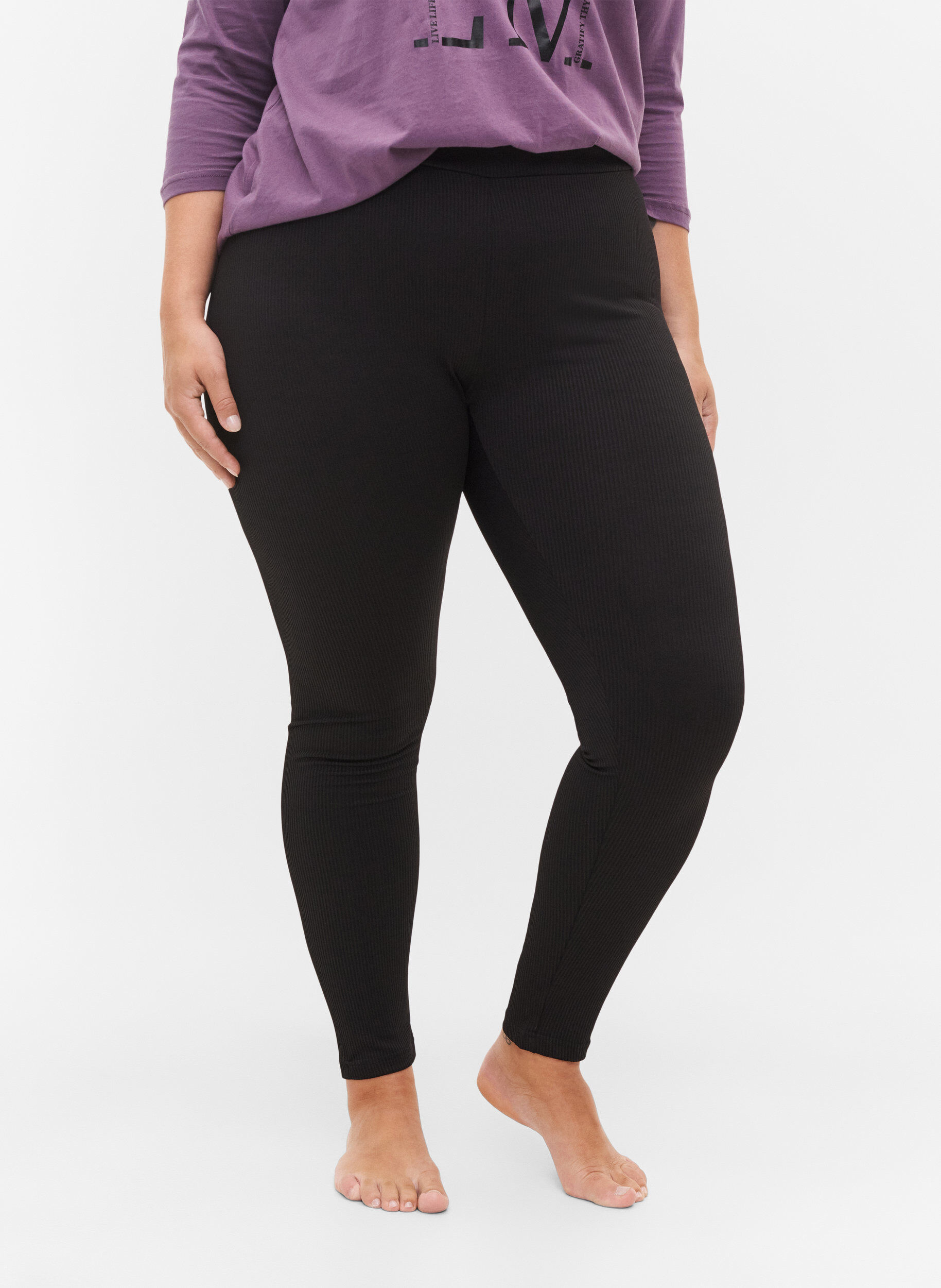 Zizzi Leggings med stretch og ribbet struktur, Black, Model image number 2