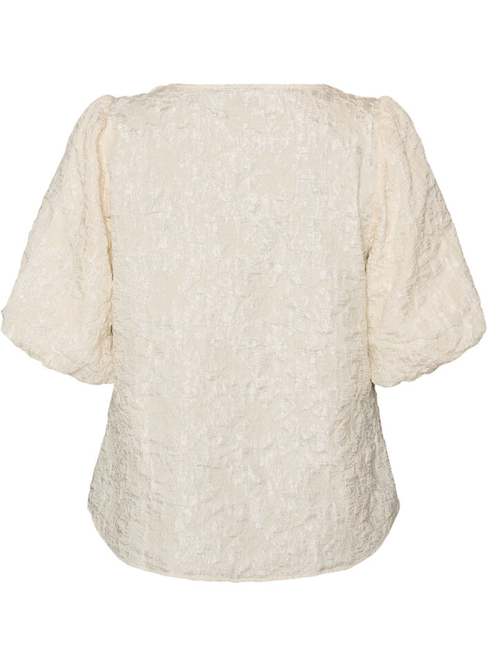 Jacquard bluse med puffermer og A-linjeform, Vanilje, Packshot image number 1