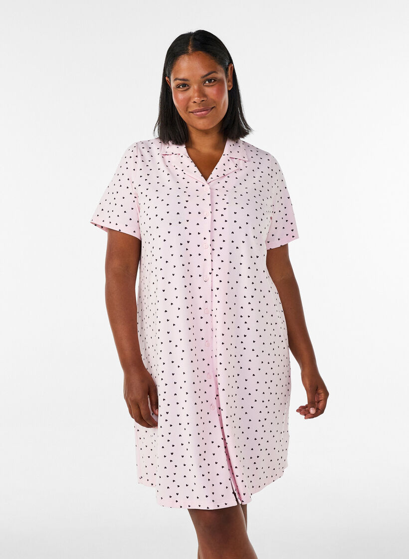 Bomullsnattkjole med knappelukking, Rosa, Model image number 0