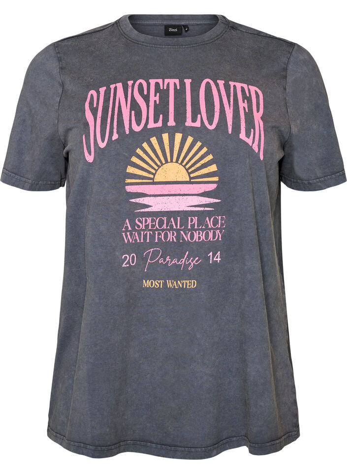 T-skjorte i bomull med frontprint og vasket look, Gr&aring;, Packshot image number 0