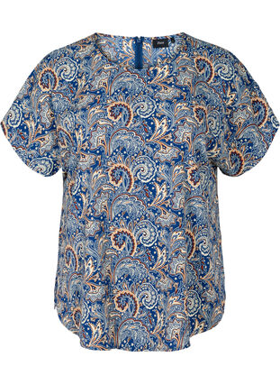 Bluse med korte ermer, Dark Blue Paisley, Packshot image number 0