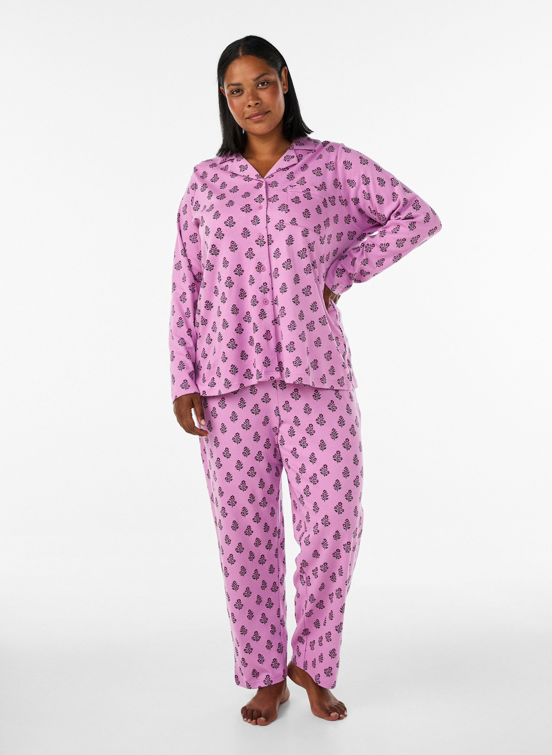 ZizziBomullspyjamaskjorte med brystlomme, Rosa, Model image number 1