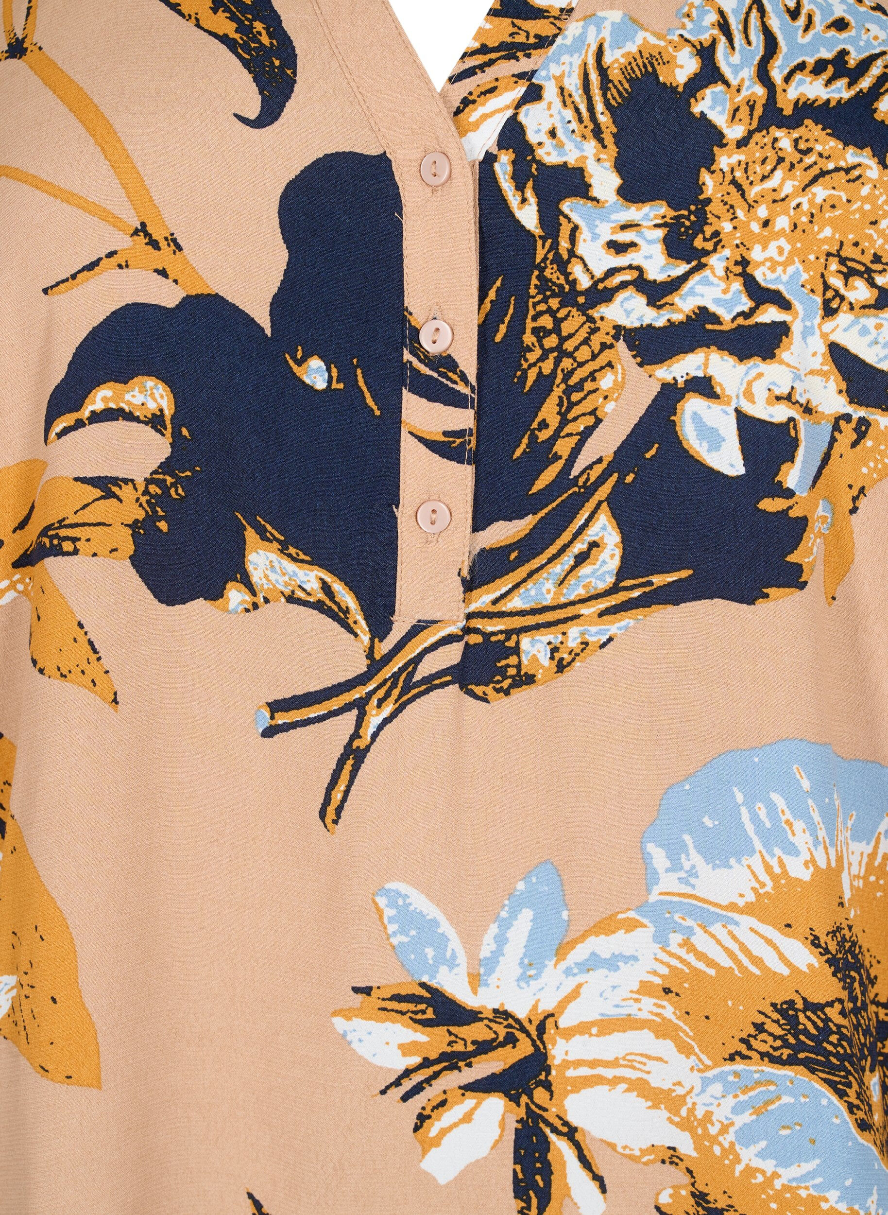 Zizzi Bluse i viskose med 3/4-ermer, Blue Flower AOP, Packshot image number 2