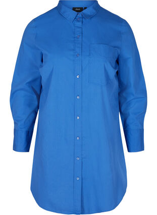 Lang bomullsskjorte med lomme på brystet, Dazzling Blue, Packshot image number 0