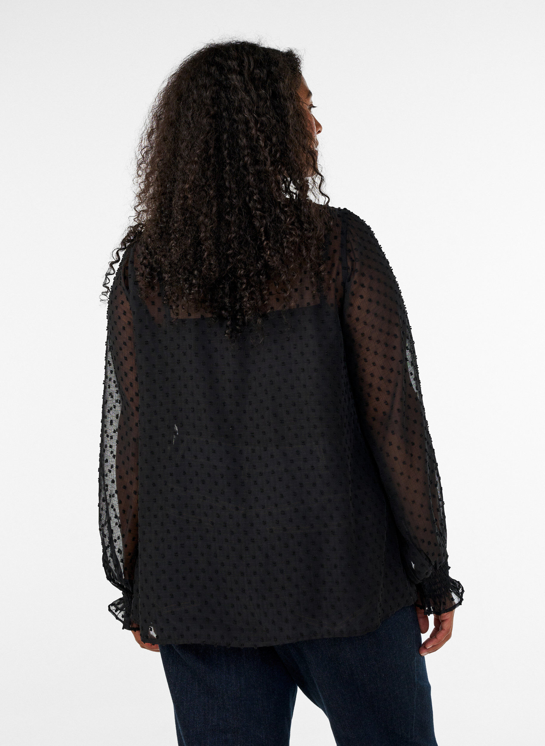 ZizziSkjortebluse med blondeinnlegg og prikkem&oslash;nster, Svart, Model image number 2
