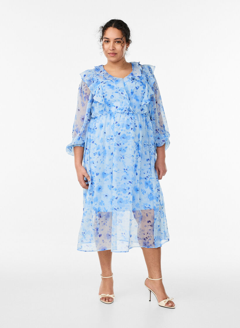 Chiffonkjole med blomsterprint, volanger og lange ermer, Bl&aring;, Model image number 0