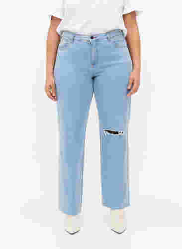 Gemma jeans med høyt liv og hull på kneet, Ex Lgt Blue, Model image number 2