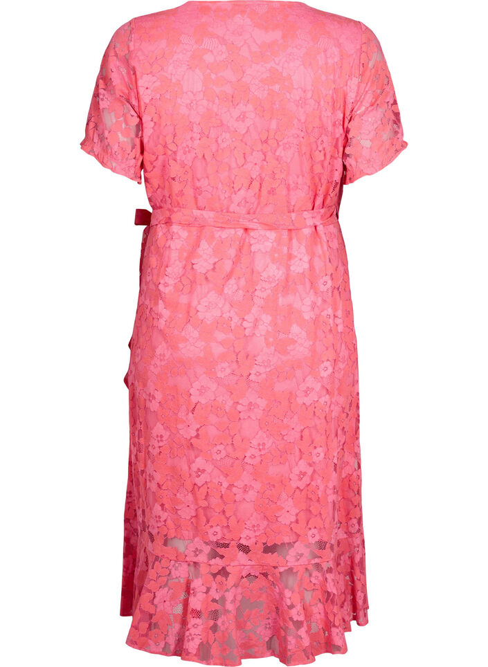 Omslagskjole med blonder og korte ermer, Pink Carnation, Packshot image number 1