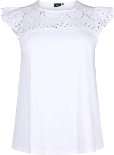 T-skjorte i økologisk bomull med engelske blonder, Bright White, Packshot image number 0
