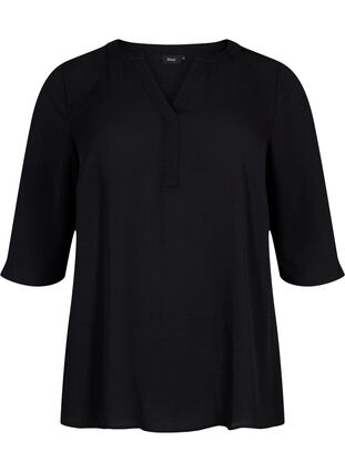 Bluse med 3/4 ermer og V-hals, Black, Packshot image number 0