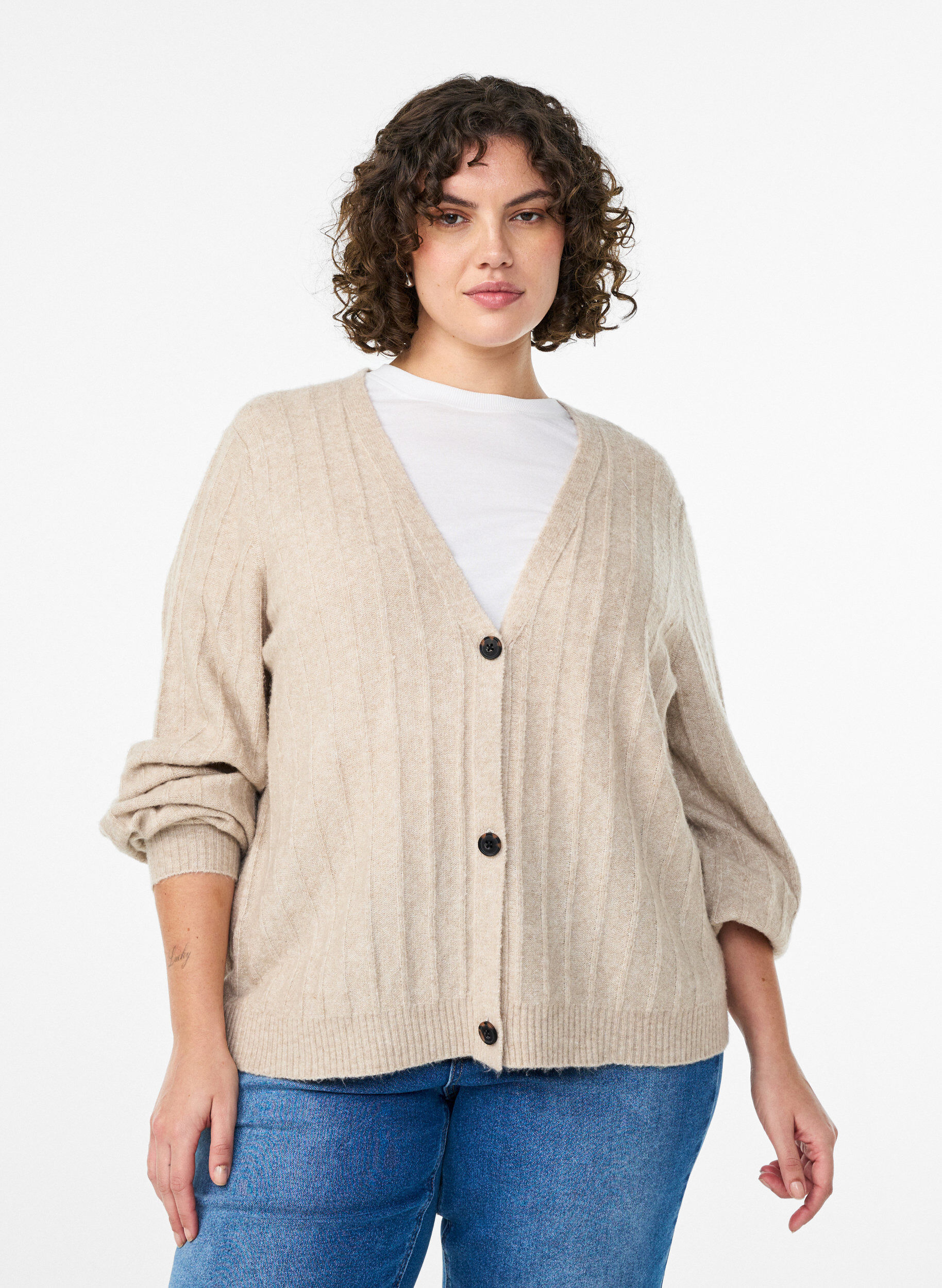 Cardigan med ribbet tekstur og ballongermer, Beige, Model