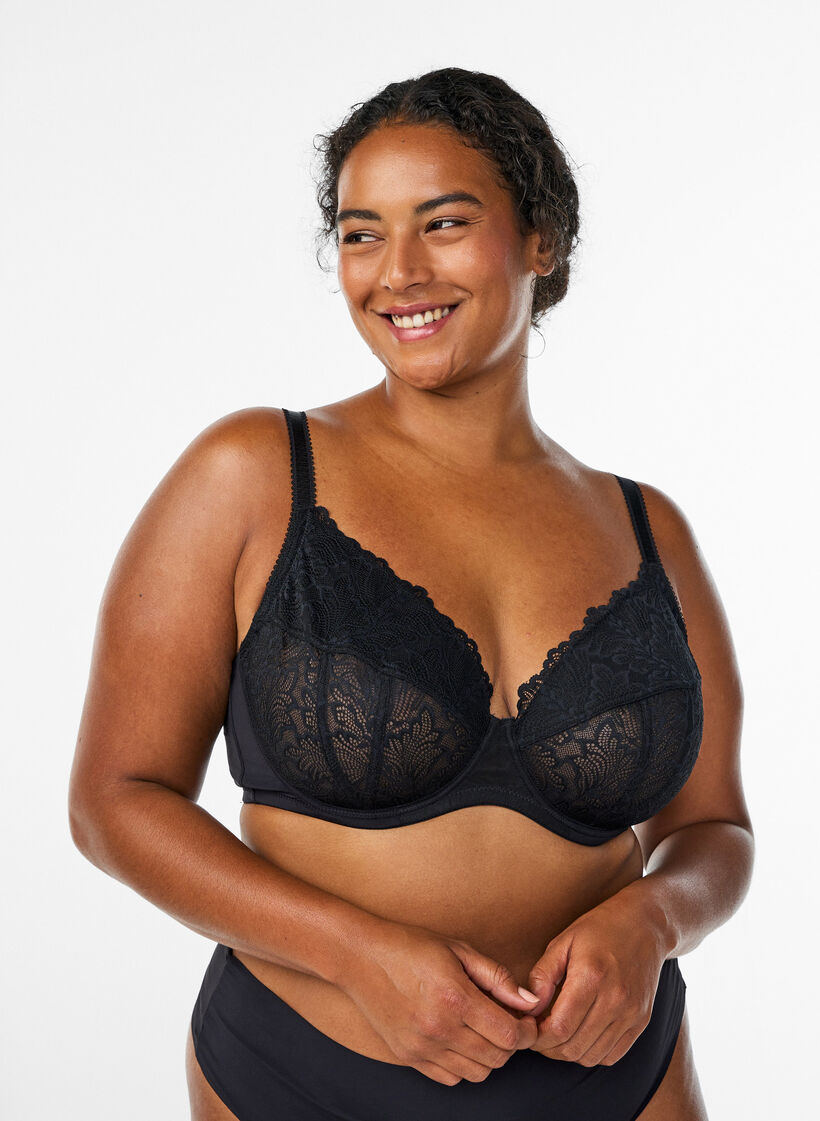 Bøyle-BH med dyp utringning og blonder, Svart, Model image number 0