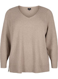 Strikkegenser med V-hals, Desert Taupe Melange