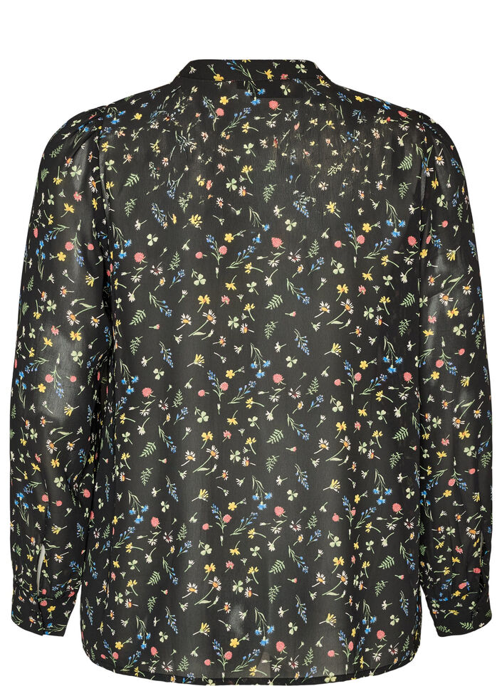 Bluse med heldekkende trykk og kort knappestolpe, Svart, Packshot image number 1