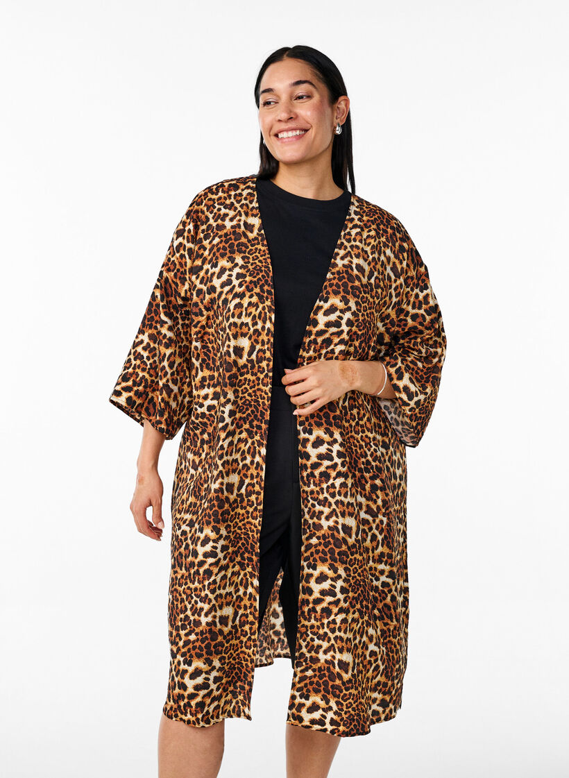 Kimono i viskose med 3/4 ermer, Brun, Model image number 0