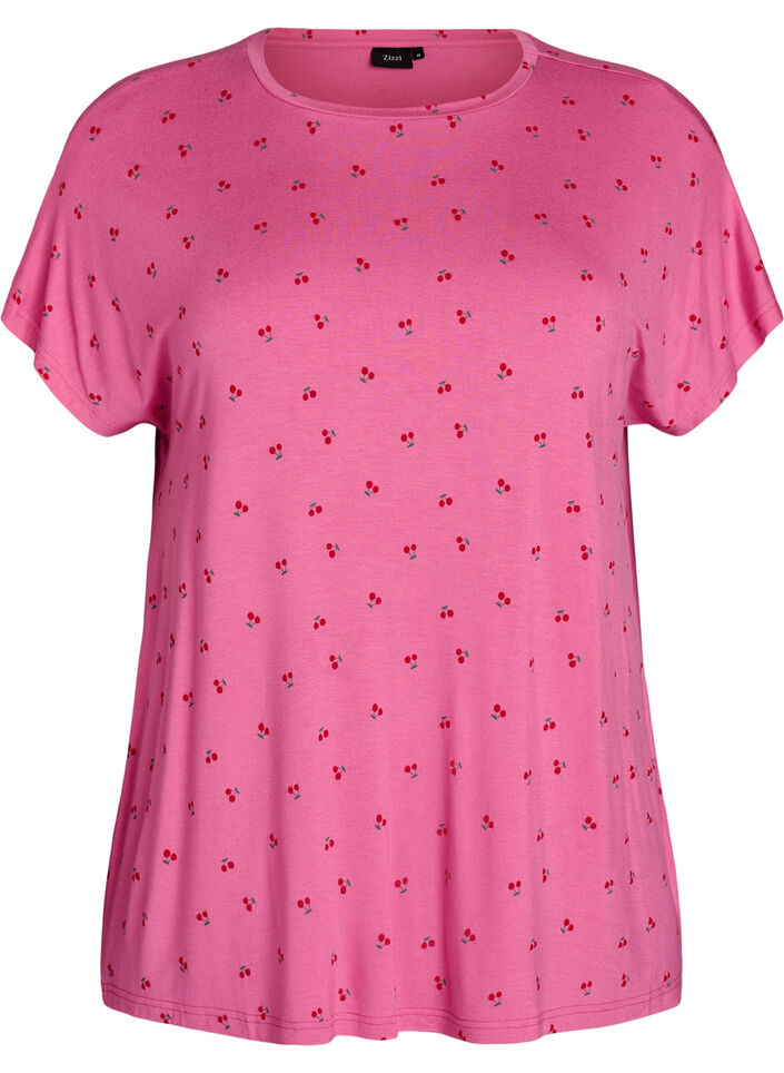Pyjamas T-skjorte i viskose med heldekkende trykk, Rosa, Packshot image number 0