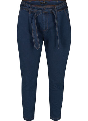 Cropped jeans med belte, Blue denim, Packshot image number 0