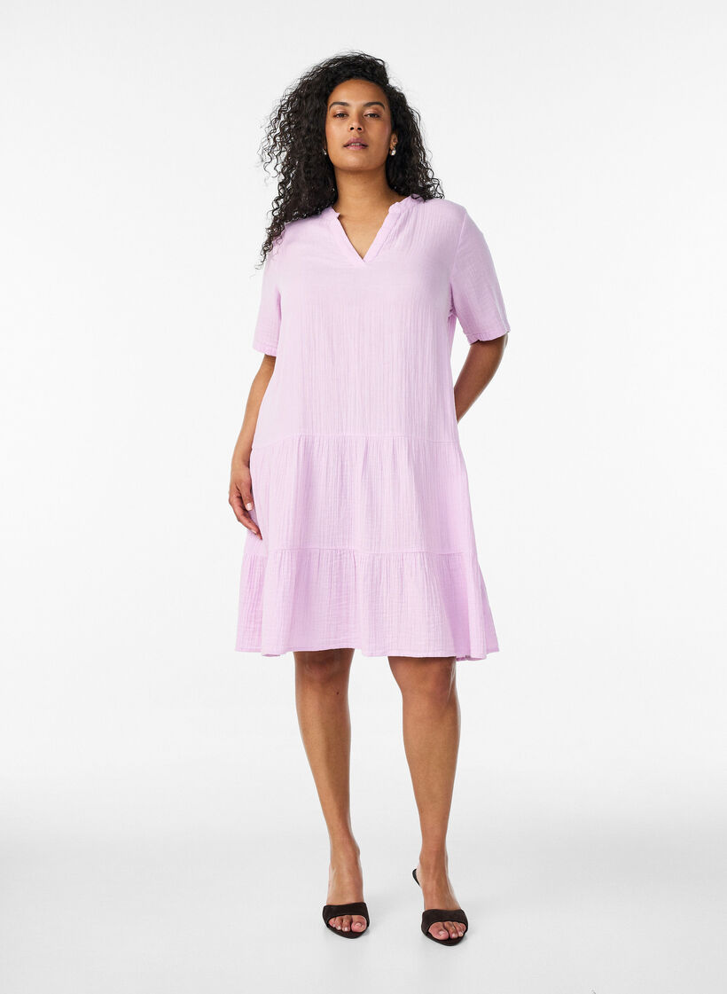 Kort A-linjekjole i bomullsmuslin, Lilla, Model image number 1