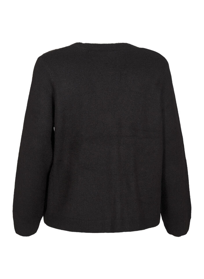 Strikket cardigan med sølvfarget sløyfe, Black, Packshot image number 1