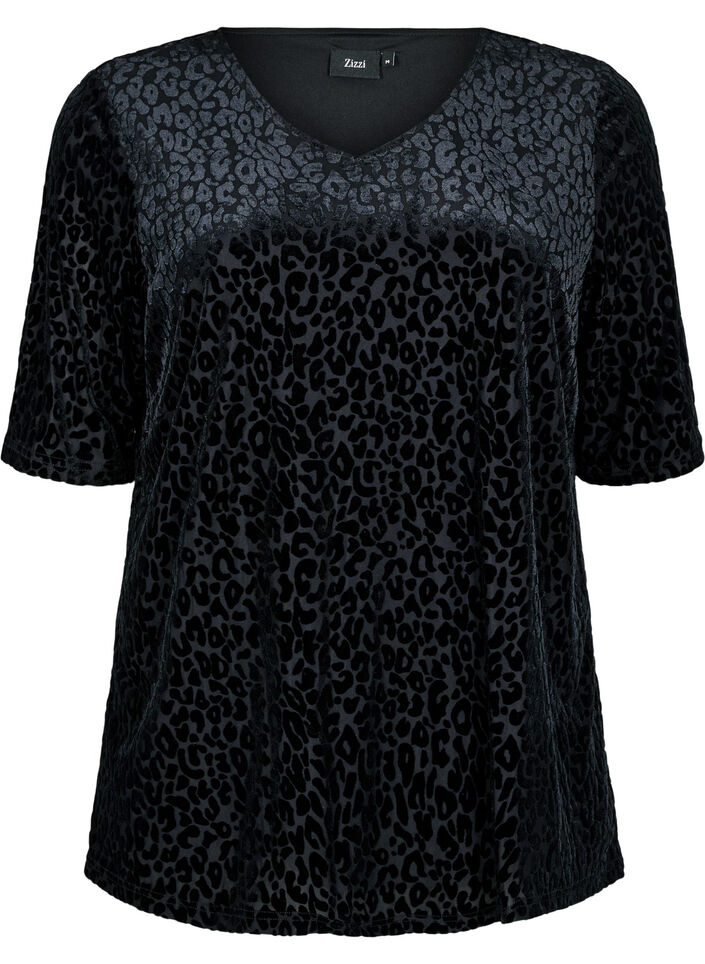 Kortermet bluse med leopardmønster, Black, Packshot image number 0