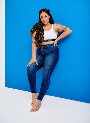 Amy-jeans med høy midje og knapper, Blue denim, Image image number 0
