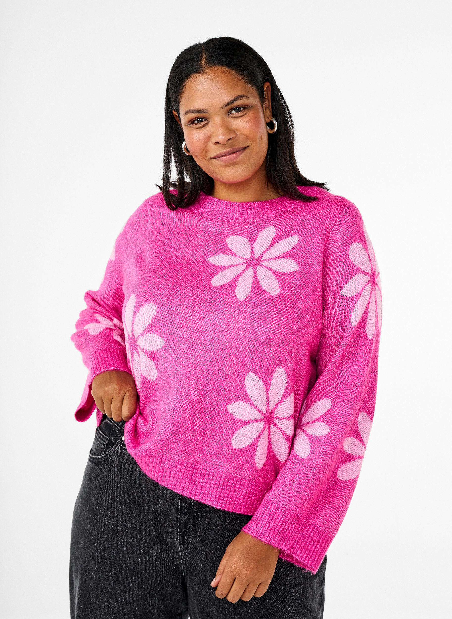 Zizzi Strikket bluse med blomster, Raspberry Rose Comb, Model image number 0