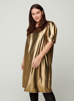 Kjole med korte puffermer og a-form, Gold, Model image number 0