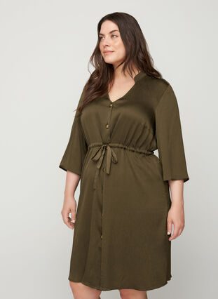 Kjole med knapper og snøre i midjen, Ivy Green, Model image number 0