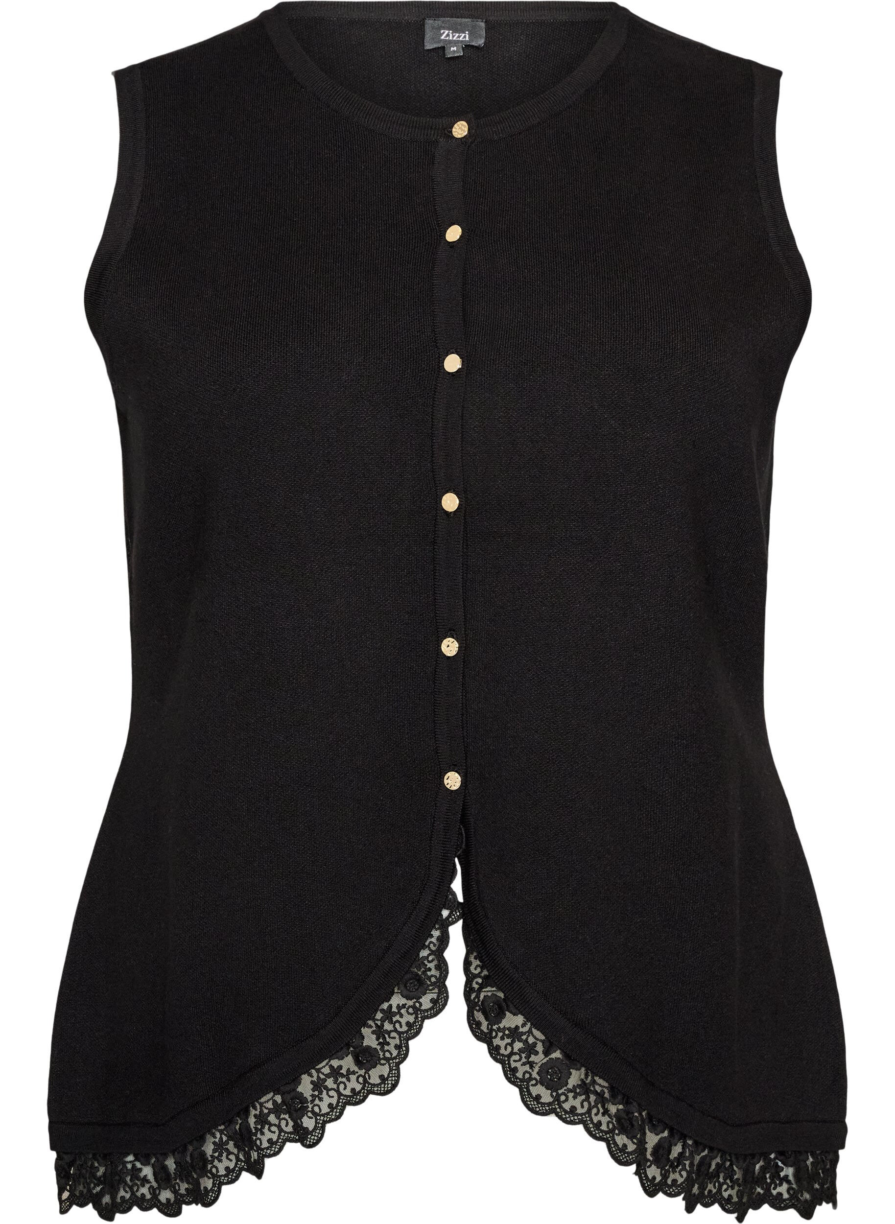 ZizziStrikkevest med blondekant, Svart, Packshot image number 0
