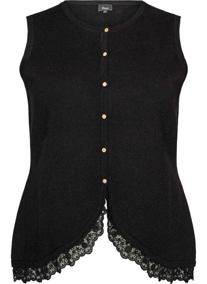 Strikkevest med blondekant, Svart, Packshot image number 0