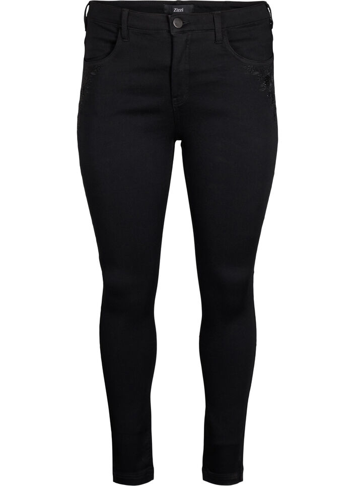 Super slim Amy-jeans med broderidetaljer, Black, Packshot image number 0