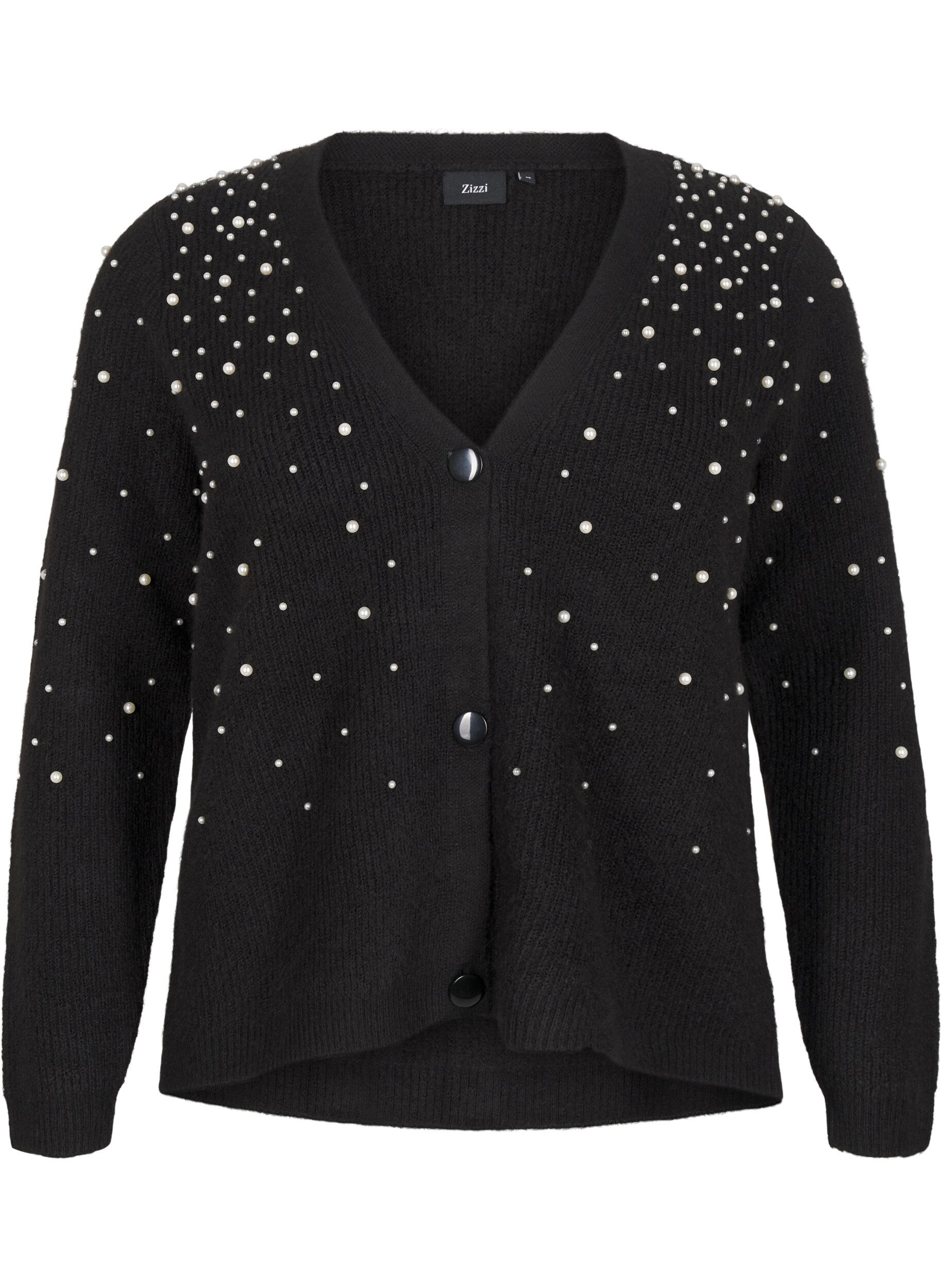 Zizzi Strikket cardigan med perler, Black White Pearls, Packshot image number 0