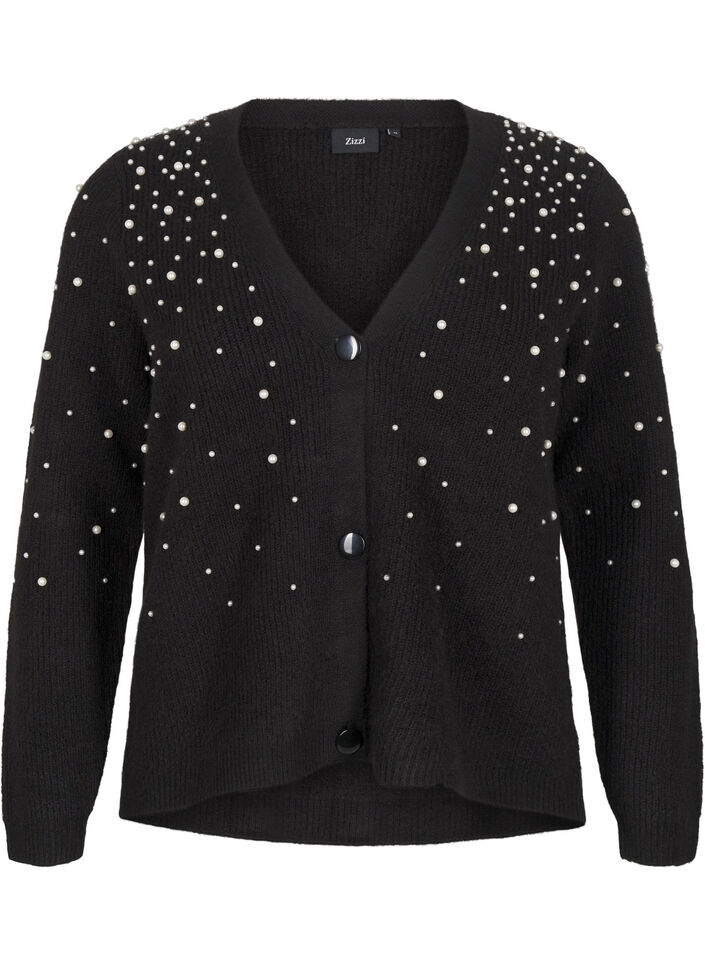 Strikket cardigan med perler, Black White Pearls, Packshot image number 0
