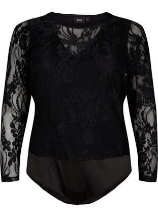 Bodystocking med blonder og lange ermer, Black, Packshot image number 0