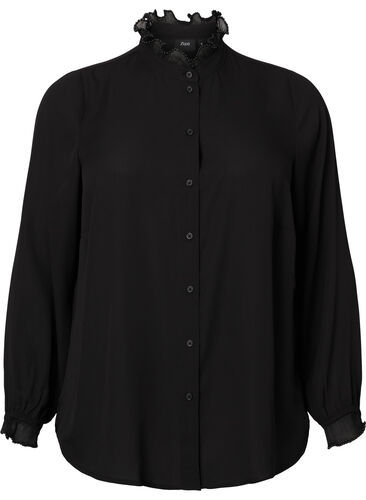 Skjortebluse med volangdetaljer, Black, Packshot image number 0