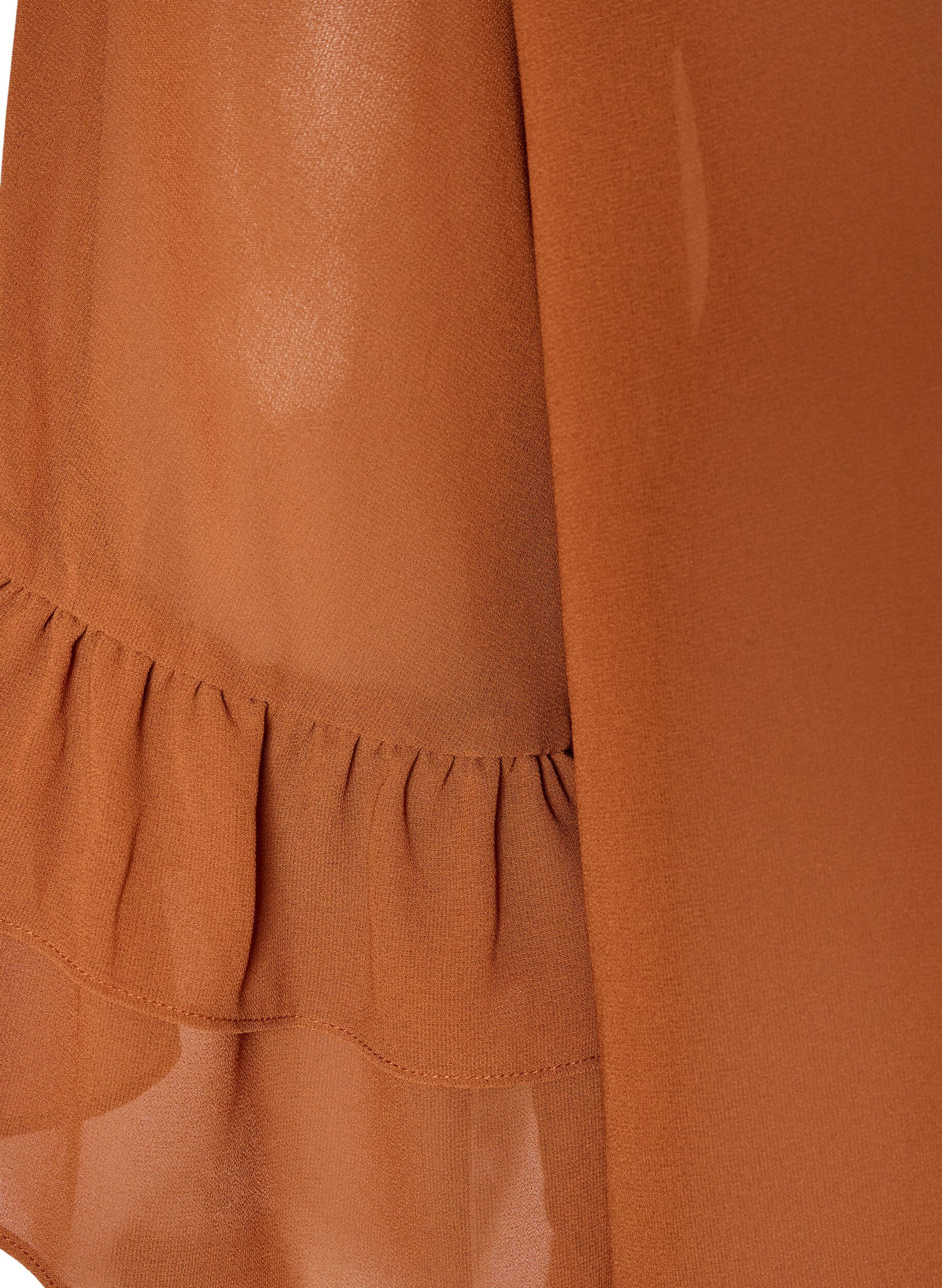 ZizziBluse med b&aring;ndknyting og volangdetaljer, Brun, Packshot image number 3