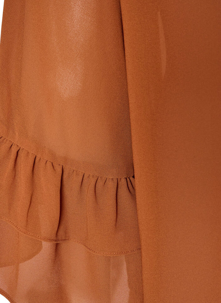 Bluse med b&aring;ndknyting og volangdetaljer, Brun, Packshot image number 3