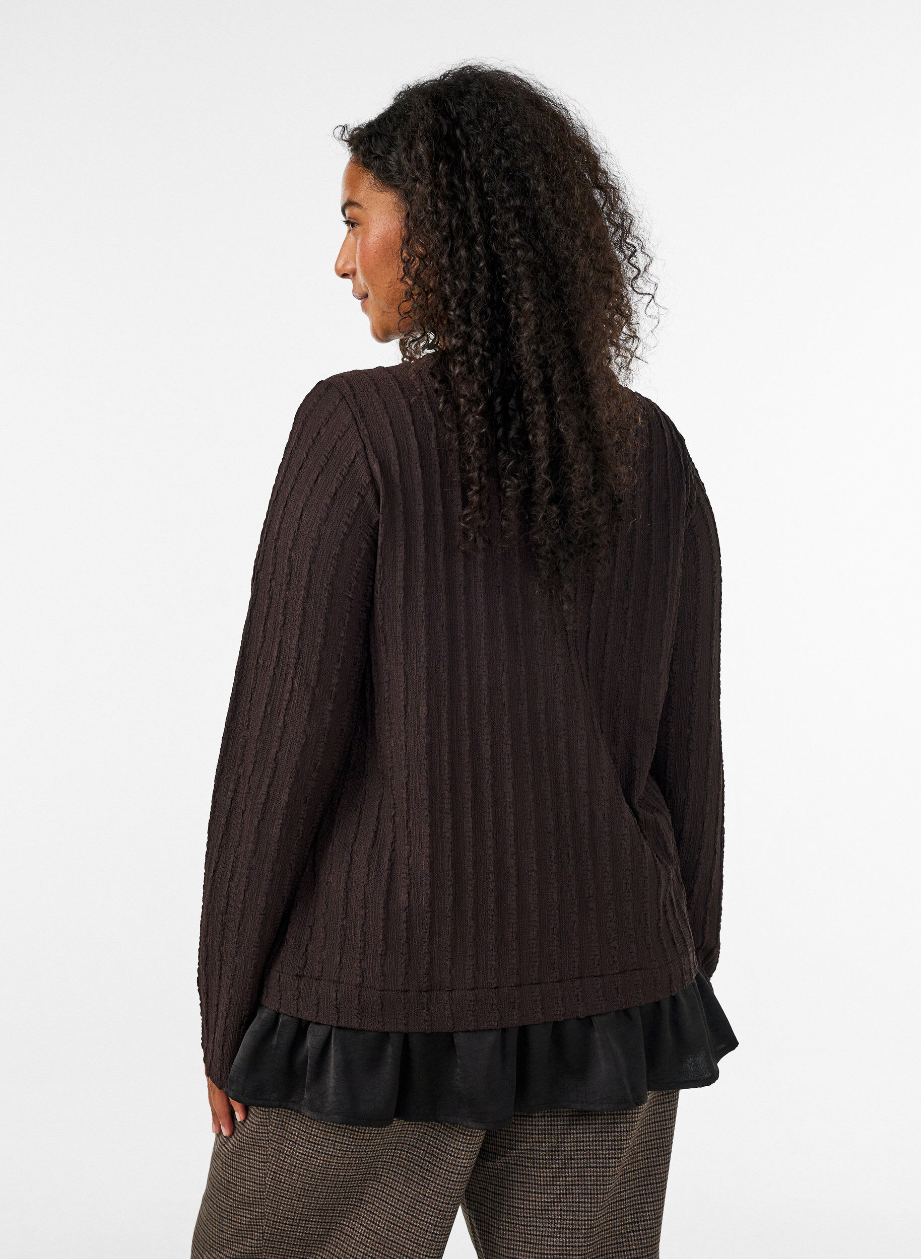 ZizziBluse med struktur og volangkant, Brun, Model image number 2