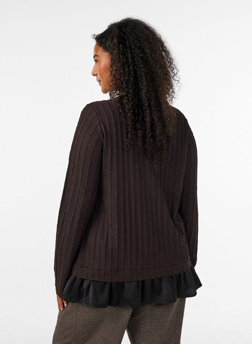 Bluse med struktur og volangkant, Brun, Model image number 2