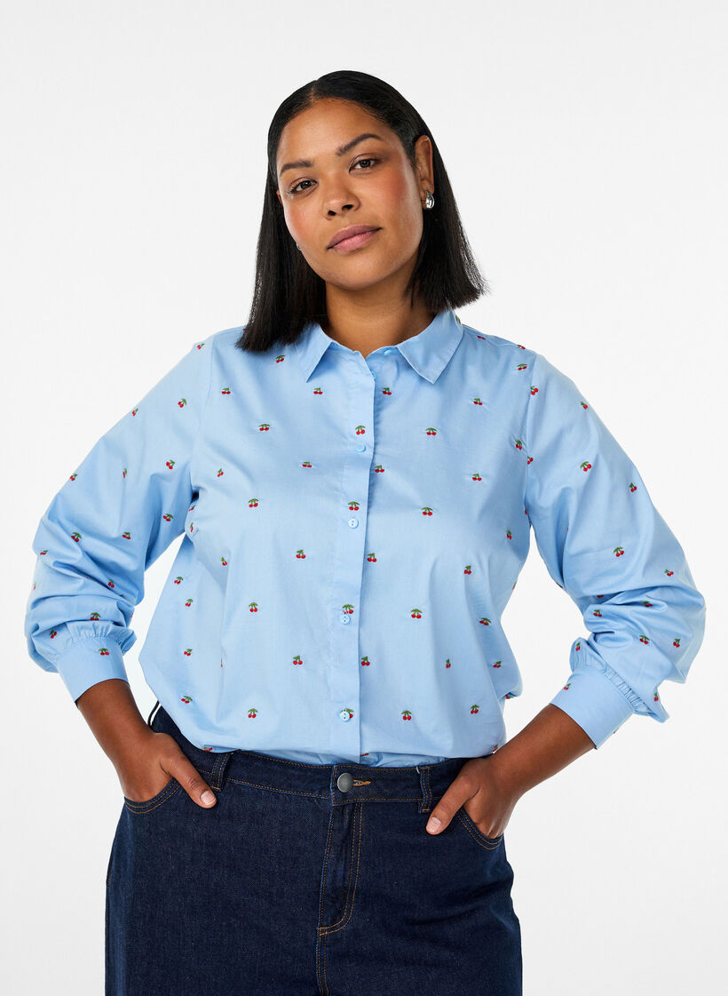 Skjorte med broderte kirseb&aelig;r, Bl&aring;, Model image number 0